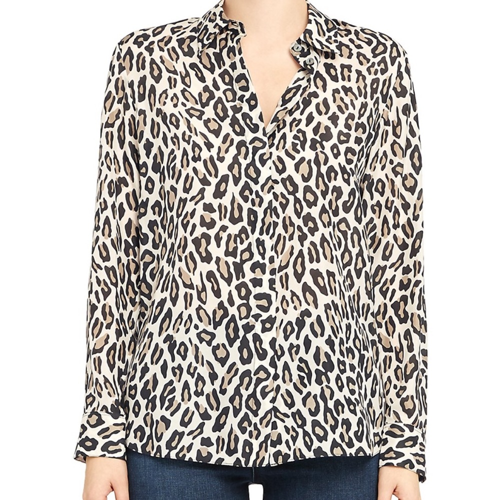 NWT Theory Classic Straight Leopard Print Silk Shirt size L